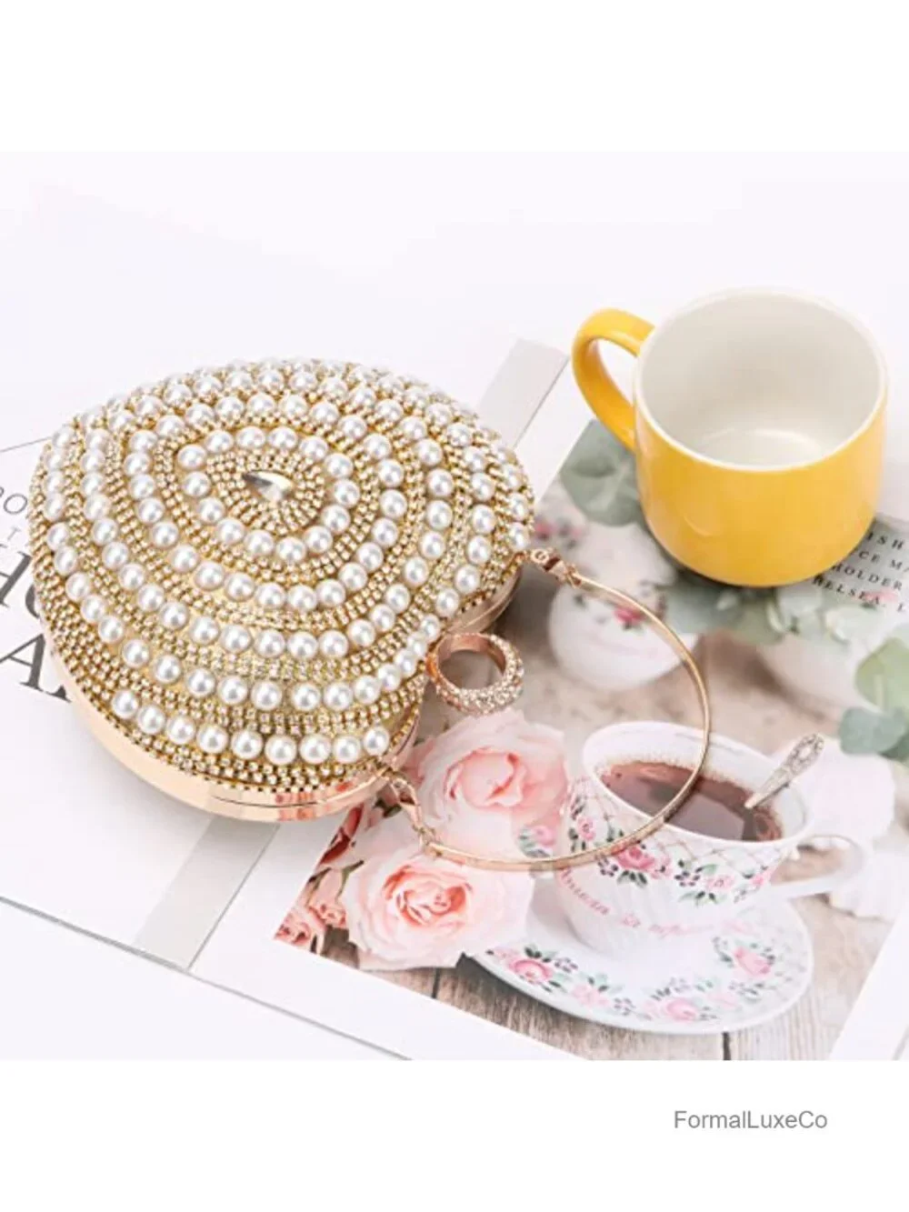 Pearl & Crystal Heart Clutch Bag with Chain Strap Handmade Evening Purse Prom